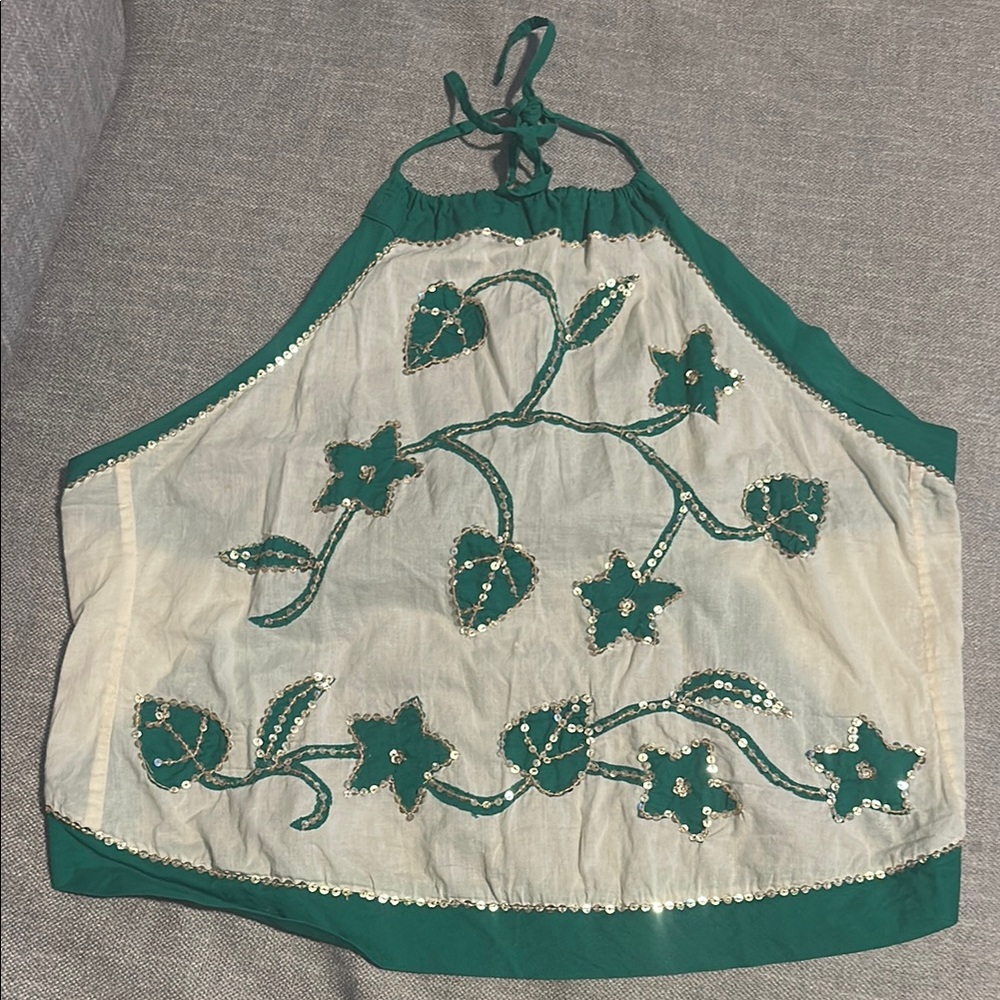 Green and Cream Halter Top with Floral Embroidery